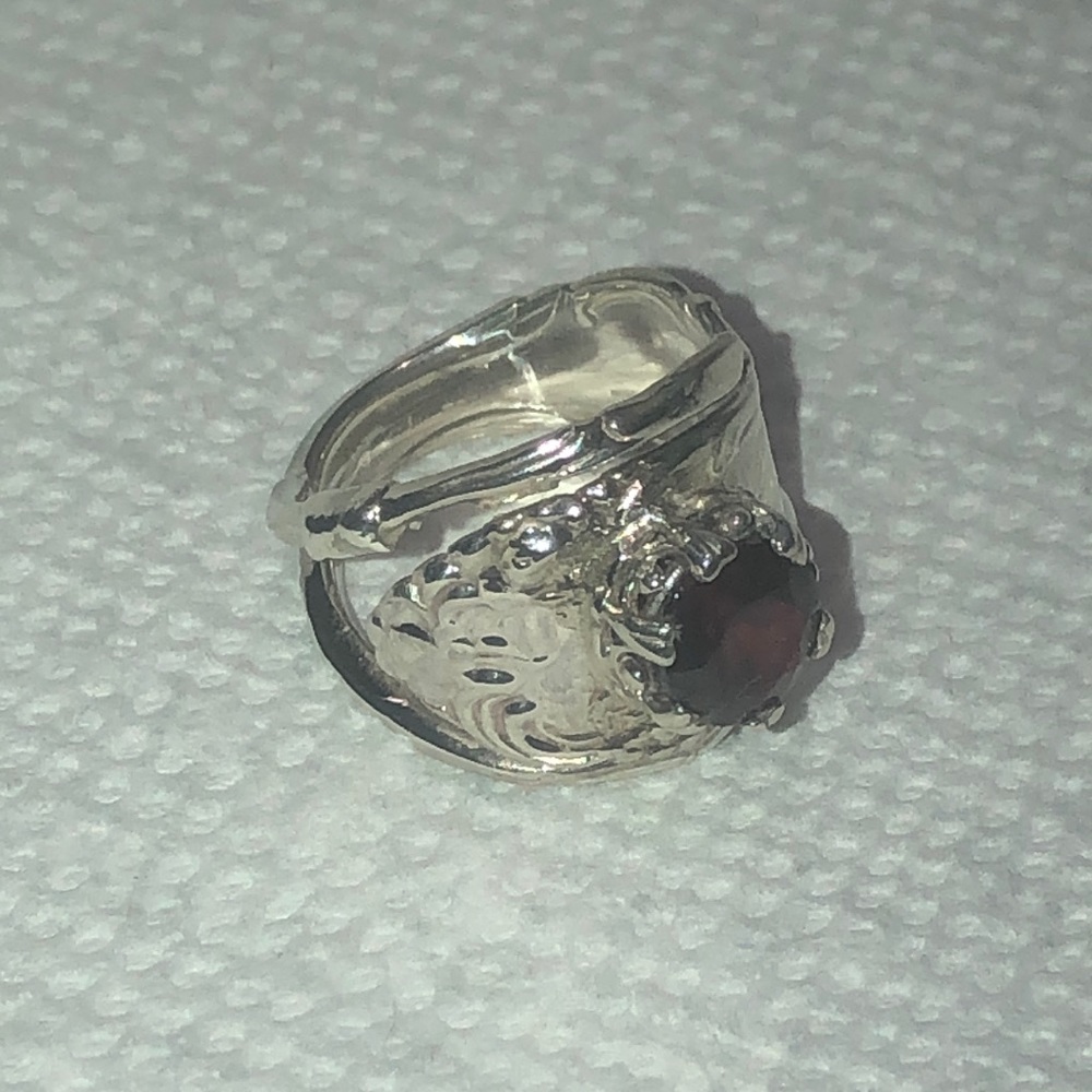 Ring silver spoon handle silver garnet ring